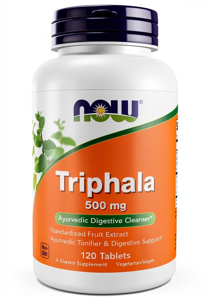 Triphala supplement bottle with herbal ingredients displayed