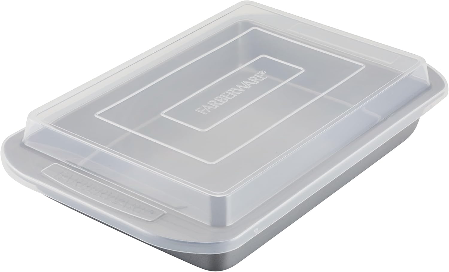 Farberware gray cake pan with lid on a kitchen counter