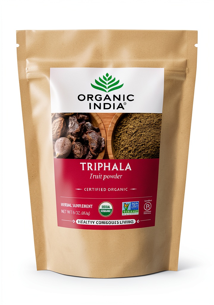 Organic India Triphala Powder in a glass jar with measuring spoon