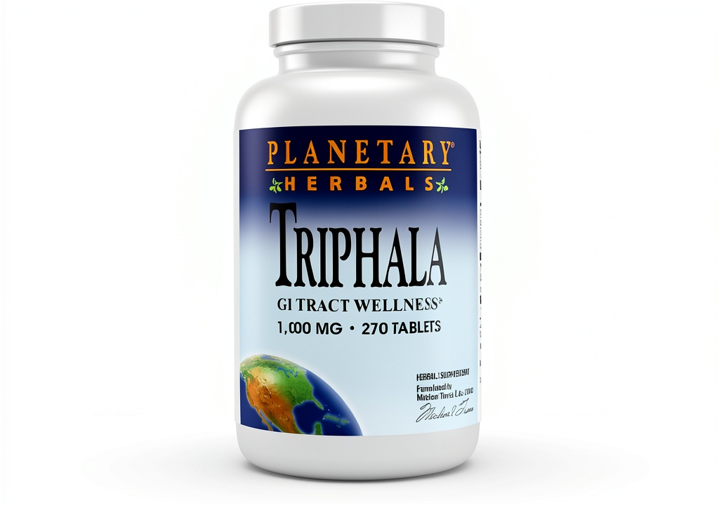 Triphala supplement bottle showing product details and packaging