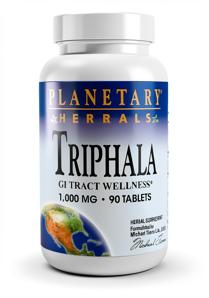 Triphala supplement bottle and tablets on a natural background