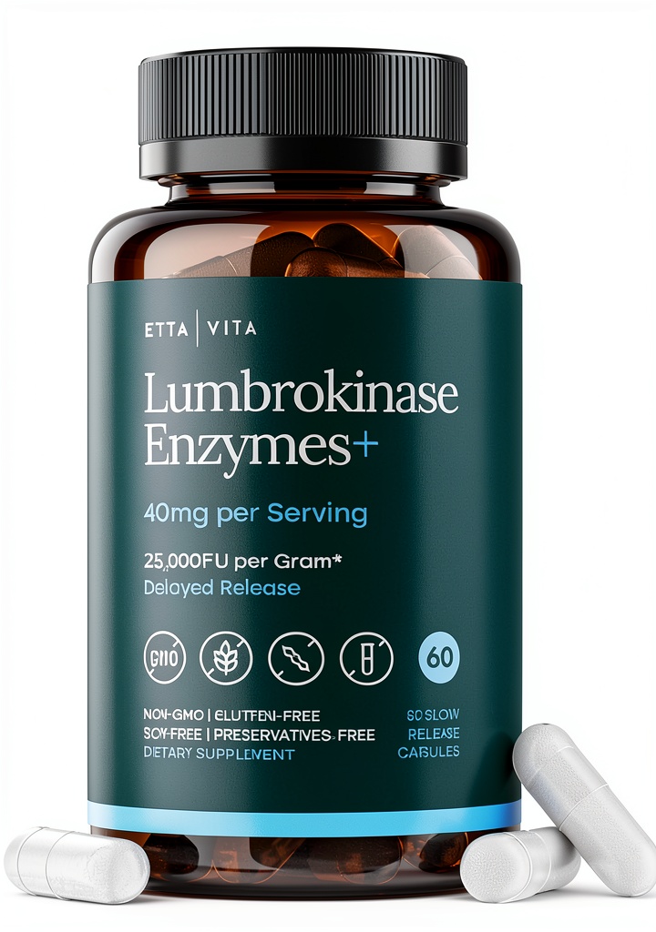 Lumbrokinase supplement bottle and capsules on a clean background