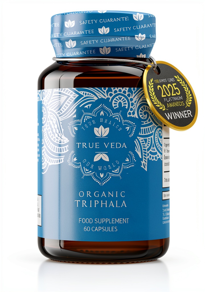 True Veda Organic Triphala bottle displayed with natural ingredients
