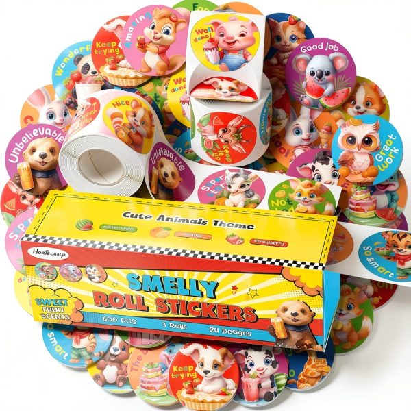 HORIECHALY Cute Animal Sticker Roll 3 Rolls 1.58 Inch Round Scented-0