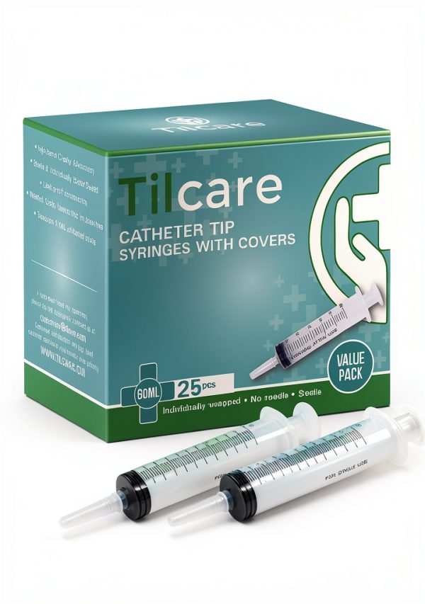 60ml Catheter Tip Syringe with Covers 25 Pack by Tilcare - Sterile Plastic Medicine Food Droppers for Children, Pets or Adults – Latex-Free Oral Medication Dispenser - Large Feeding Tube Syringes-0