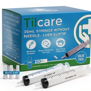 30ml Oral Dispenser Syringe with Cover 50 Pack by Tilcare - Luer Slip Sterile Plastic Medicine Food Droppers for Children, Pets & Adults – Latex-free Medication Dispenser - Large Feeding Tube Syringes-0