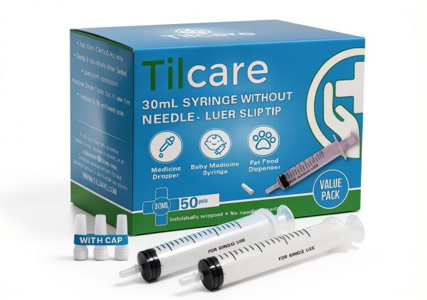30ml Oral Dispenser Syringe with Cover 50 Pack by Tilcare - Luer Slip Sterile Plastic Medicine Food Droppers for Children, Pets & Adults – Latex-free Medication Dispenser - Large Feeding Tube Syringes-0